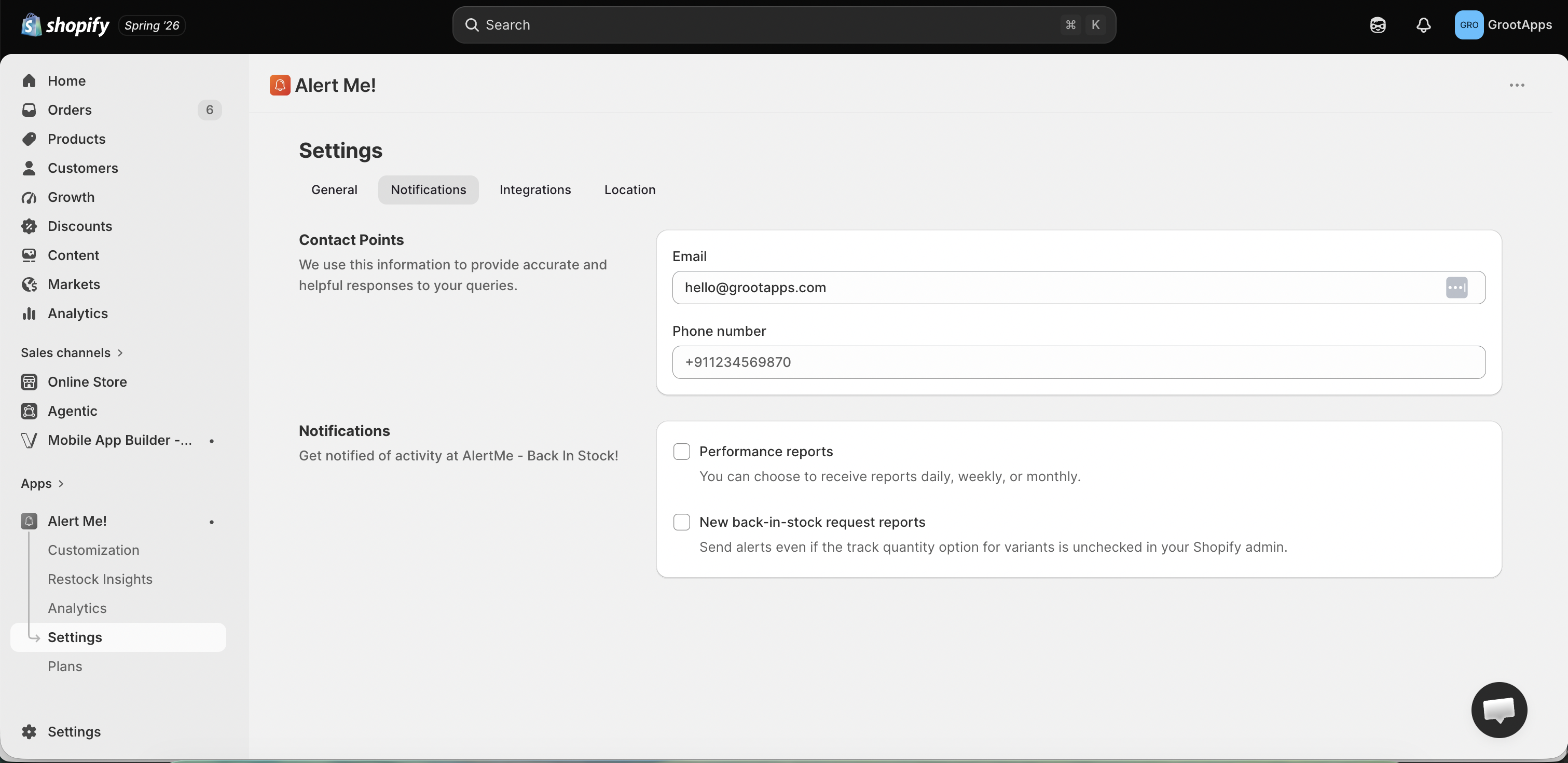 Settings, notifications and reports