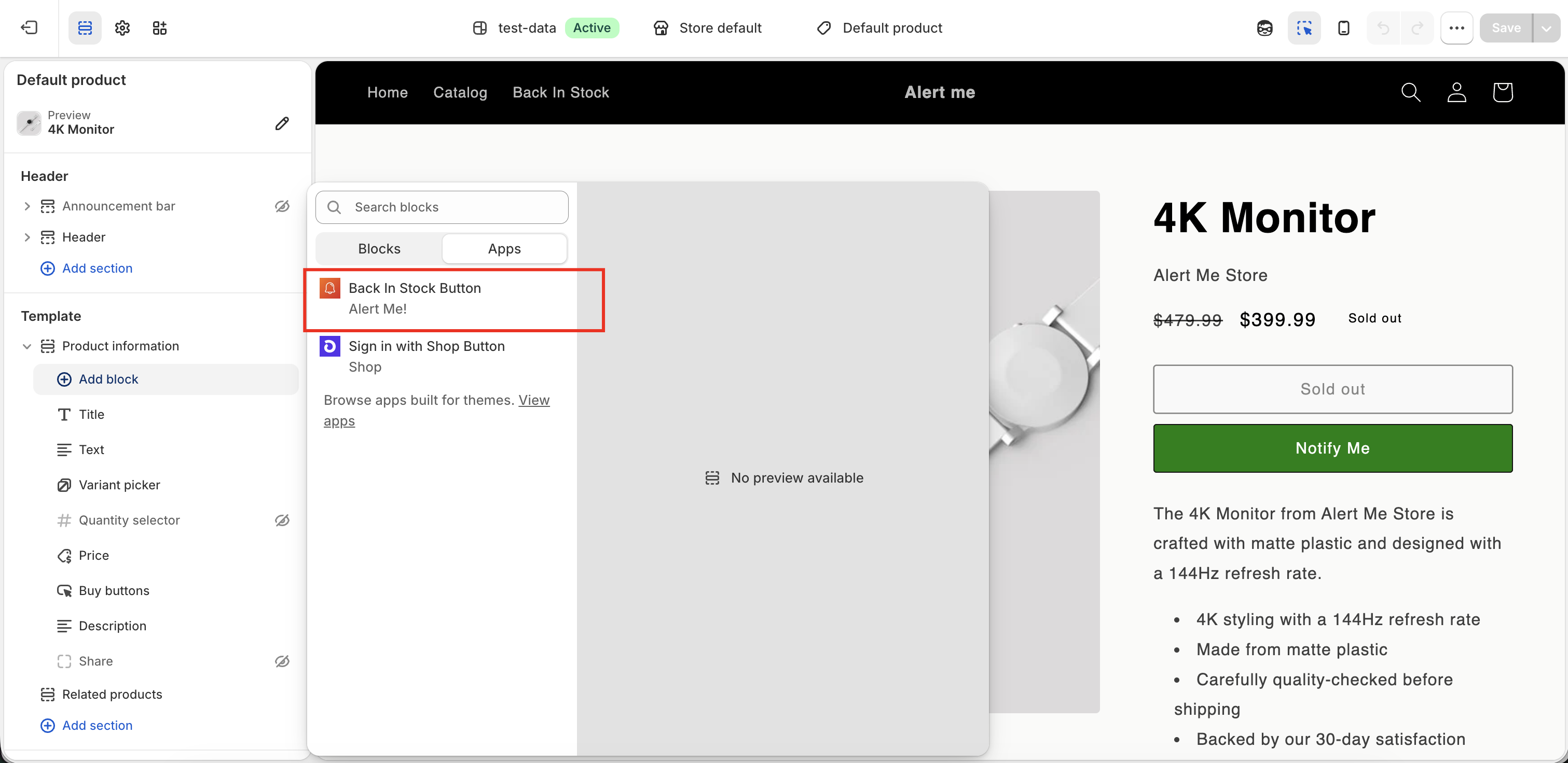 Add the Notify Me app block on the product page