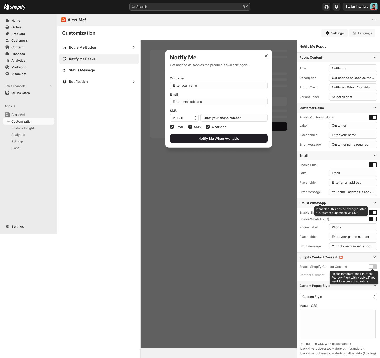 Customize the popup